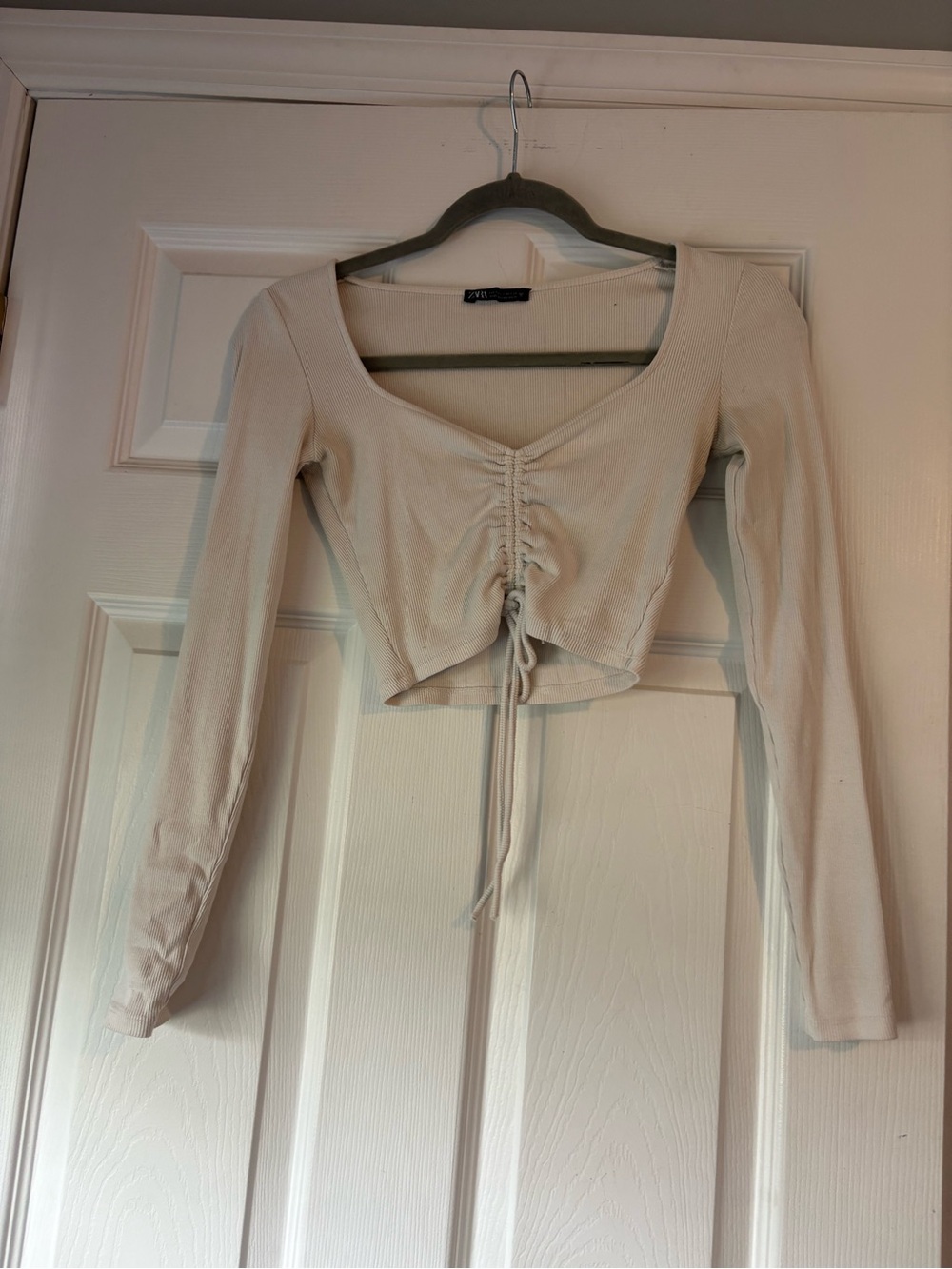 Zara Cream Drawstring Ruched Scoop-Neck Crop Top